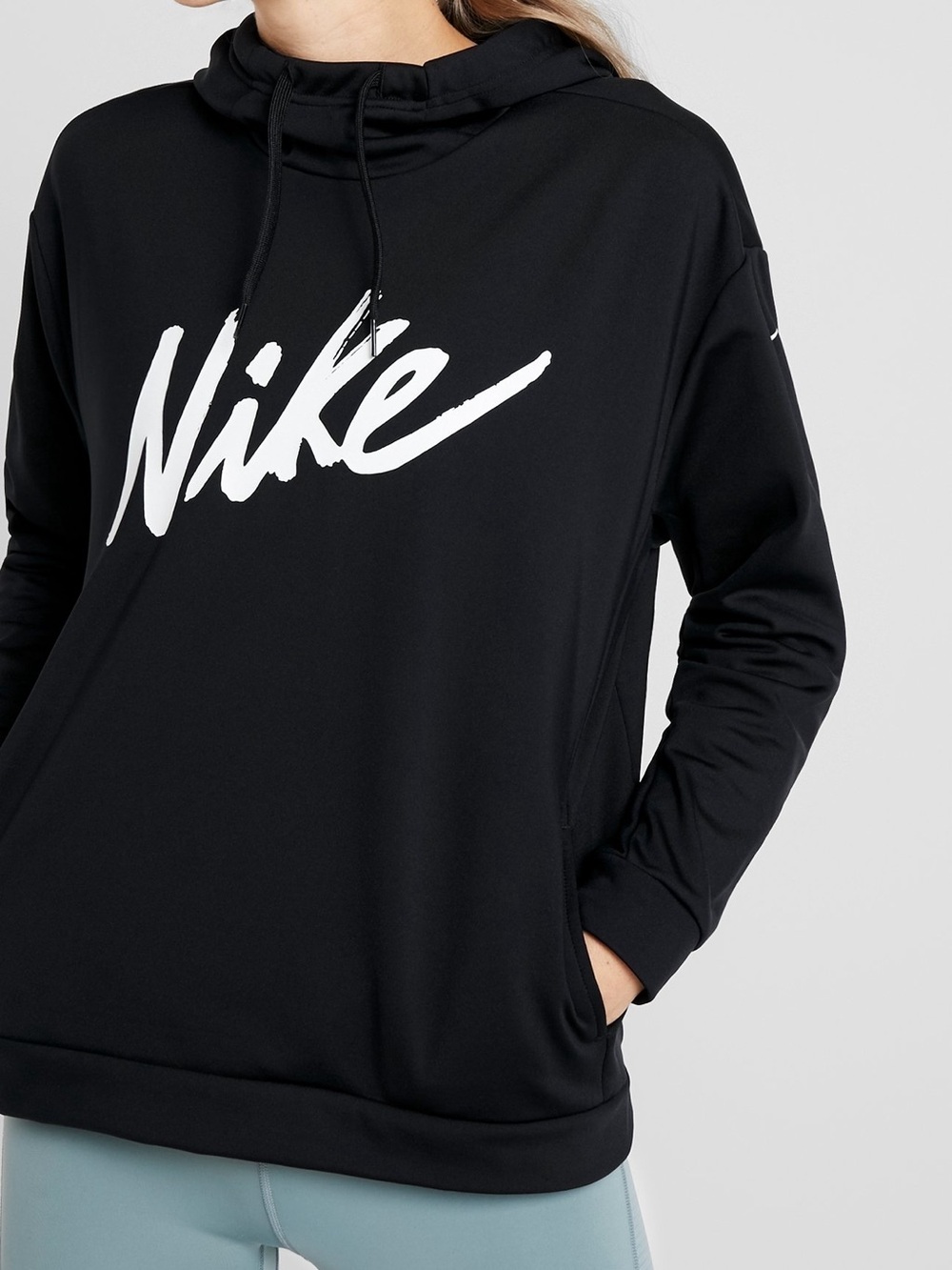 Nike Black Cowl Neck Hoodie Women's Large Big Spell Out Logo Sweatshirt Active